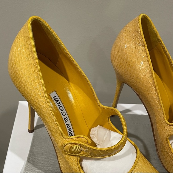 MANOLO BLAHNIK Yellow Mary Jane Snakeskin Heels Pumps CAMPARI Sz 38 NEW $995 - Picture 5 of 15